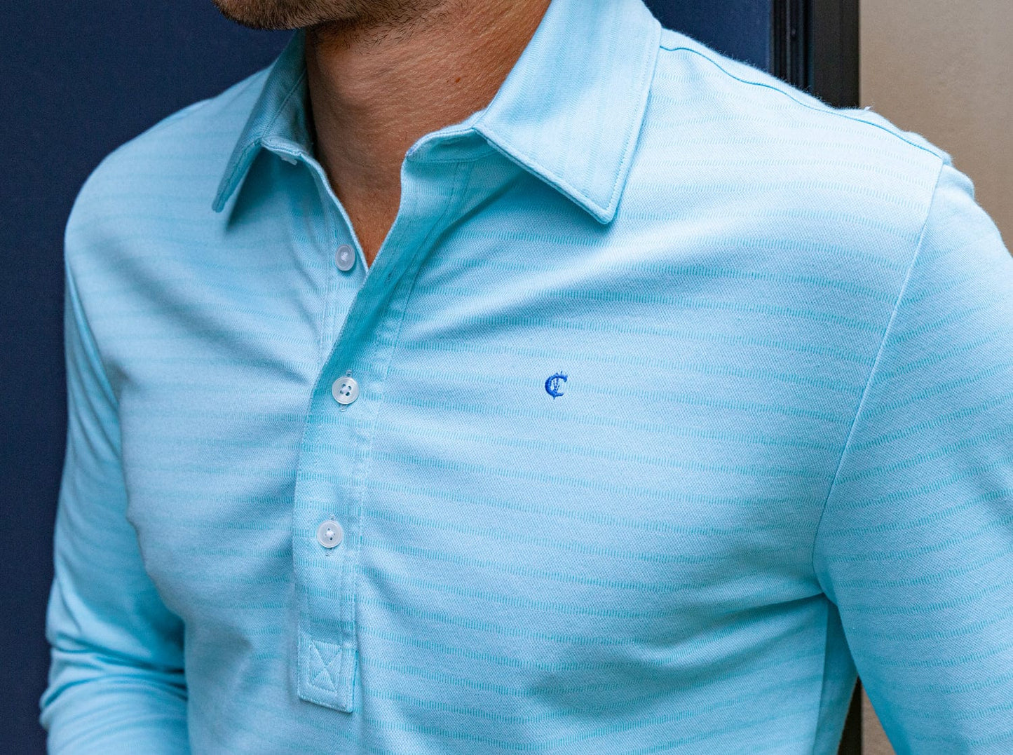 Long Sleeve Range Polo - Aqua Stripe