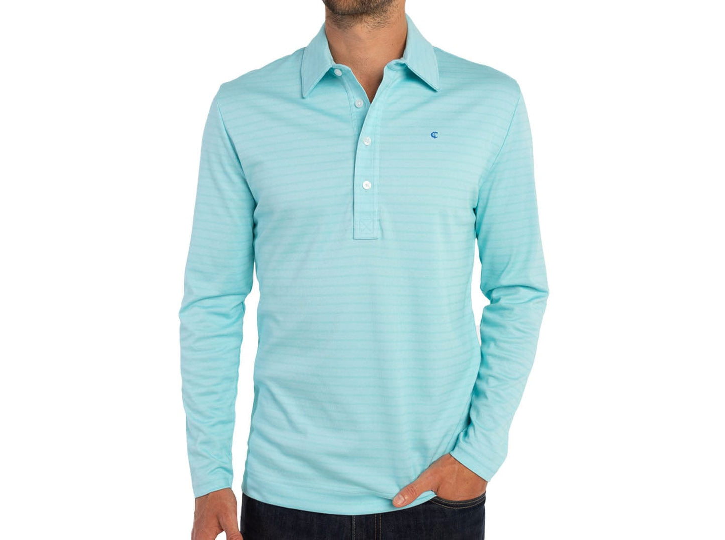 Long Sleeve Range Polo - Aqua Stripe